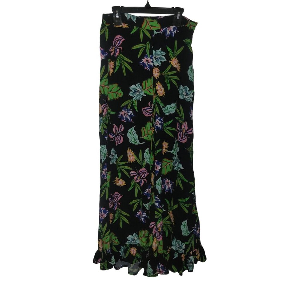 ST TROPEZ WEST Black Floral Wide leg Floral Ruffle Pants Womens Size S Vacation